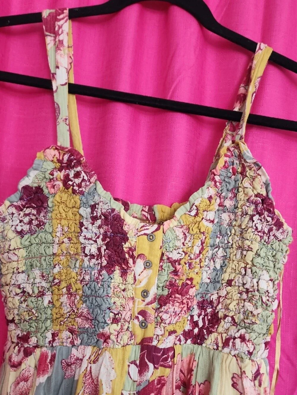 Free People Yellow Floral Smocked Jumpsuit with Burgundy Accents